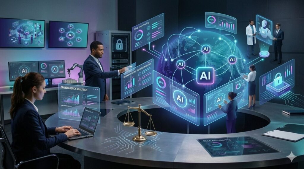 AI ethics governance and literacy concept showing human oversight, neural networks, and ethical AI dashboards in 2026