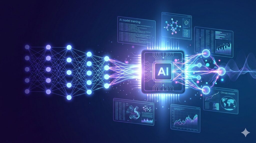 Quantum AI concept showing neural networks merging with quantum qubits and a futuristic hybrid processor