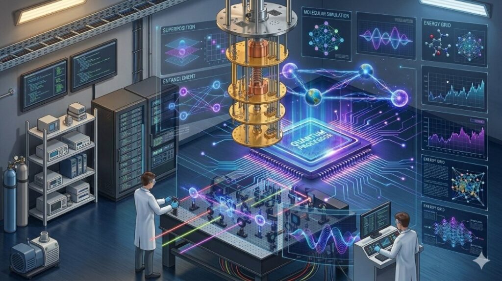 Quantum computing concept showing glowing qubits, entanglement connections, and a futuristic quantum processor in 2026